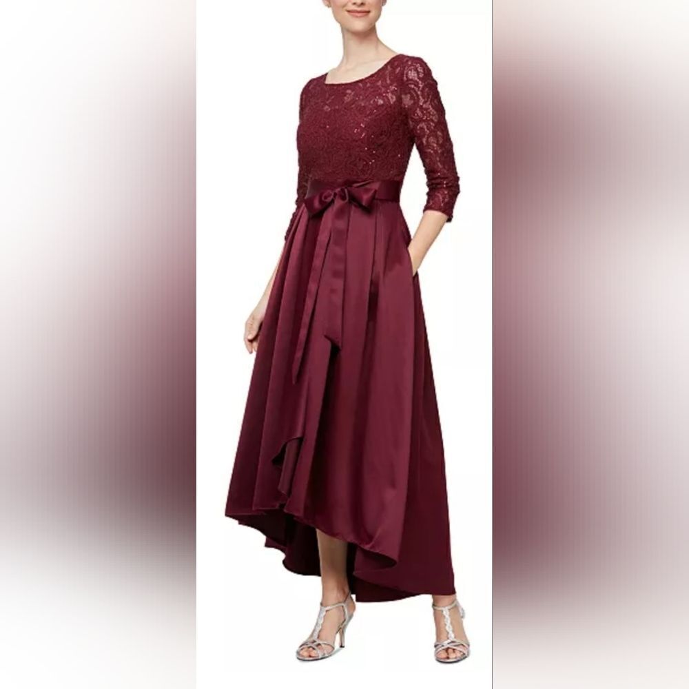 Alex Evenings Sequin Lace Gown with 3/4 Sleeves NWOTโsize 12 Burgundy